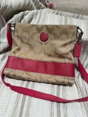 Coach Beige Signature Crossbody with Pink Strap